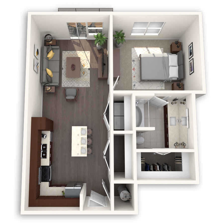 Rendering of the A2 floor plan with 1 bedroom[s] and 1 bathroom[s] at dkriata