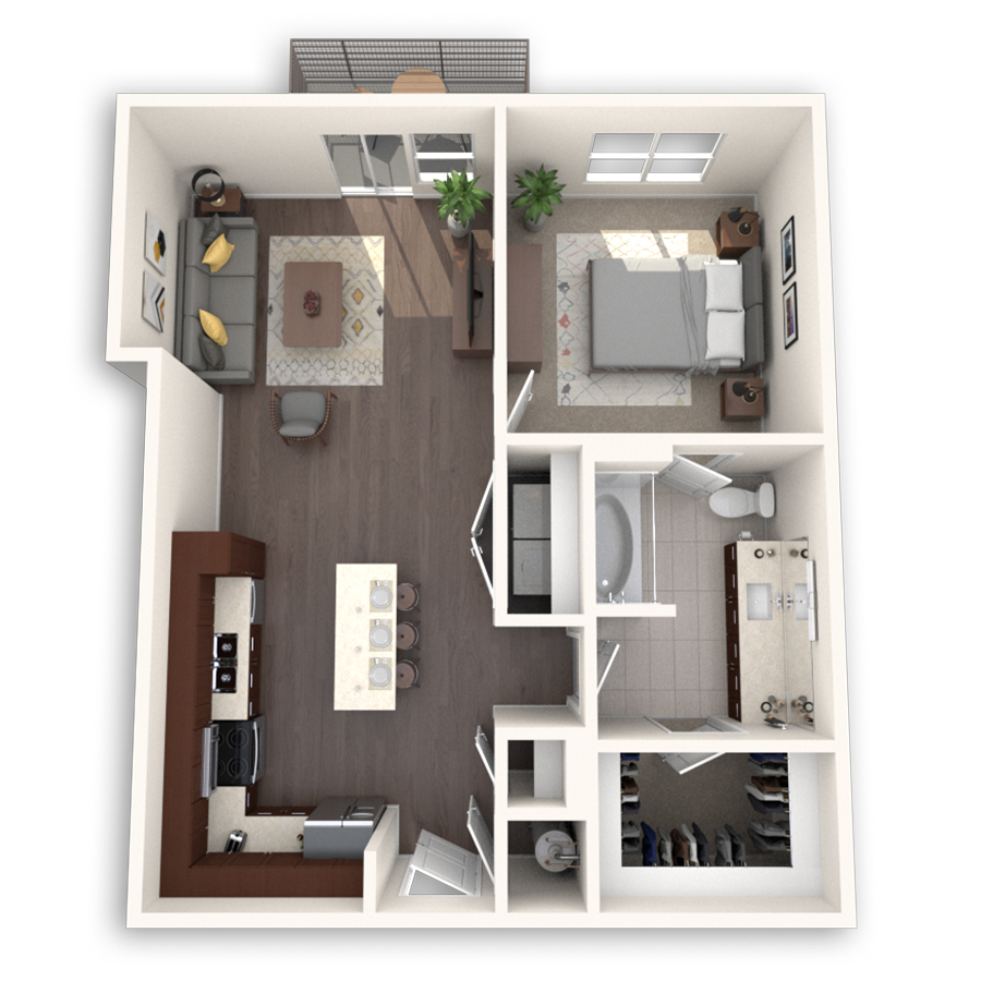 Rendering of the A3 floor plan with 1 bedroom[s] and 1 bathroom[s] at dkriata