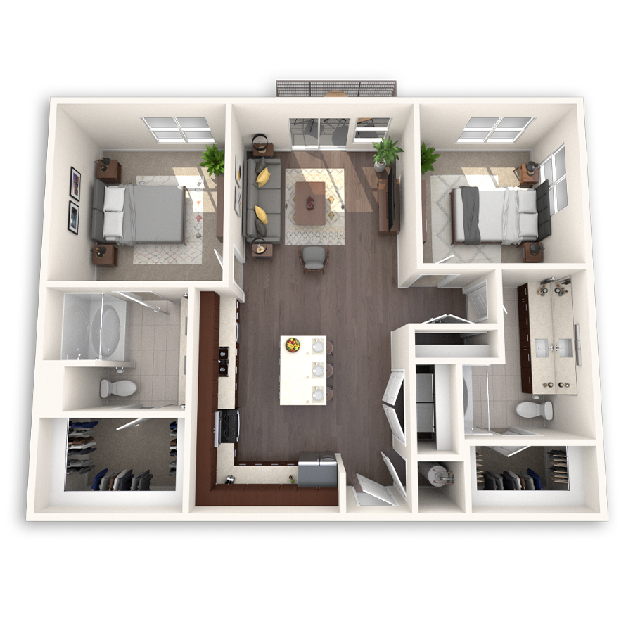Rendering of the B1 floor plan with 2 bedroom[s] and 2 bathroom[s] at dkriata
