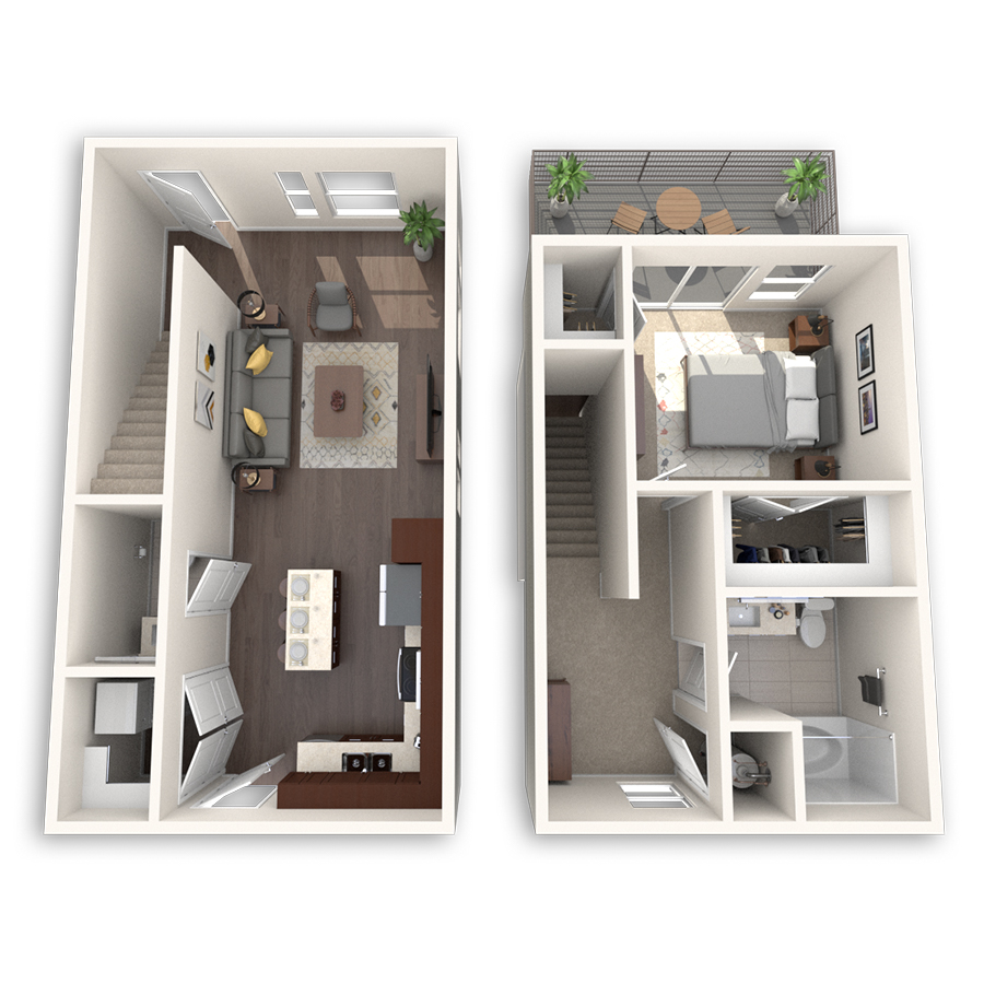 Rendering of the A5 floor plan with 1 bedroom[s] and 1.5 bathroom[s] at dkriata