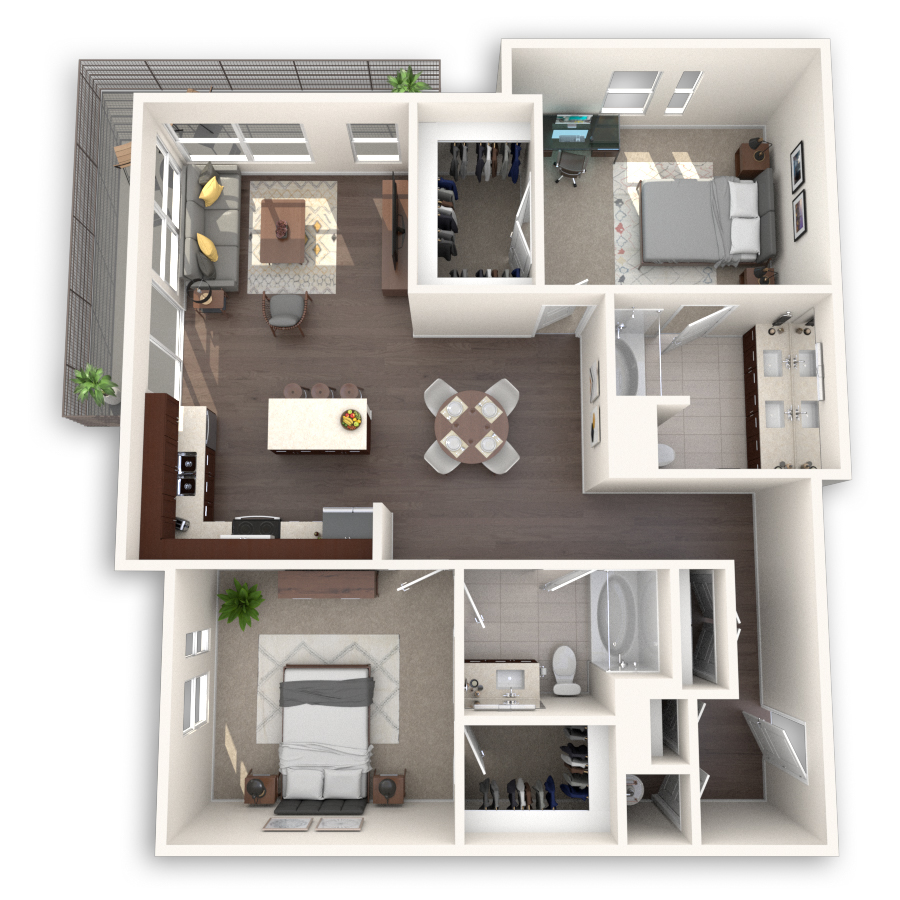 Rendering of the B5 floor plan with 2 bedroom[s] and 2 bathroom[s] at dkriata