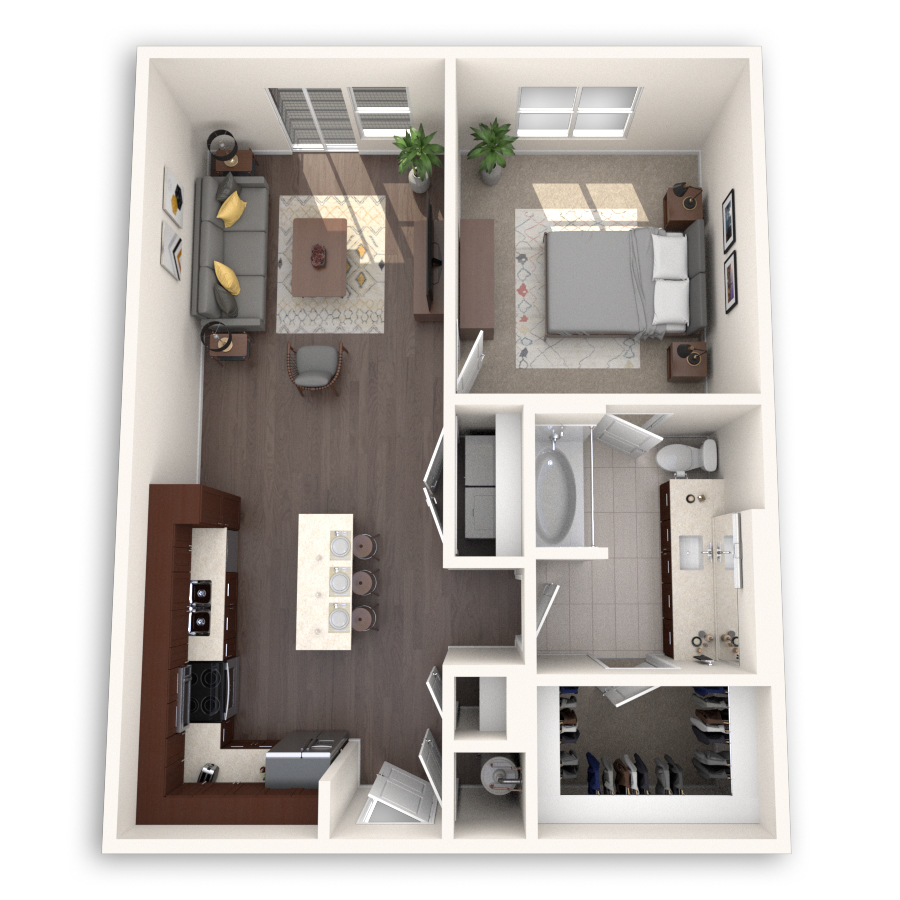 Rendering of the A4 floor plan with 1 bedroom[s] and 1 bathroom[s] at dkriata