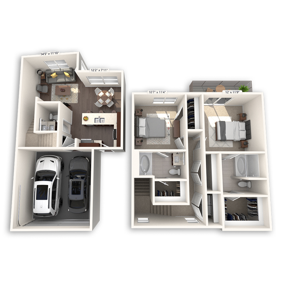 Rendering of the B6 floor plan with 2 bedroom[s] and 2.5 bathroom[s] at dkriata