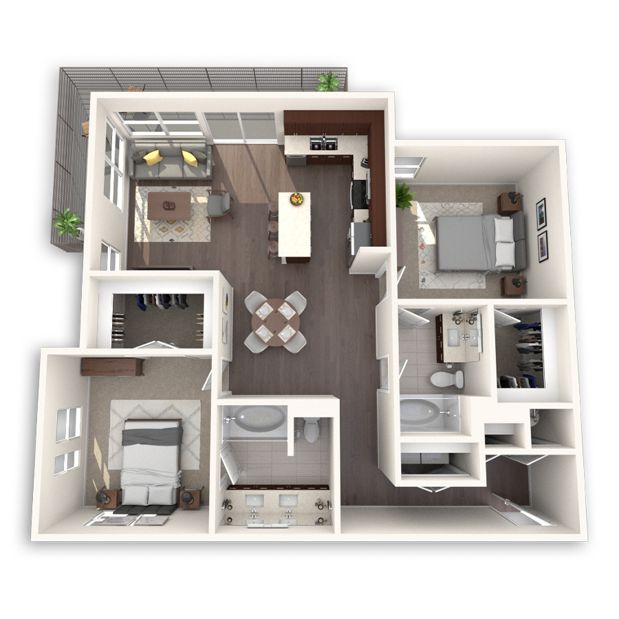 Rendering of the B4 floor plan with 2 bedroom[s] and 2 bathroom[s] at dkriata