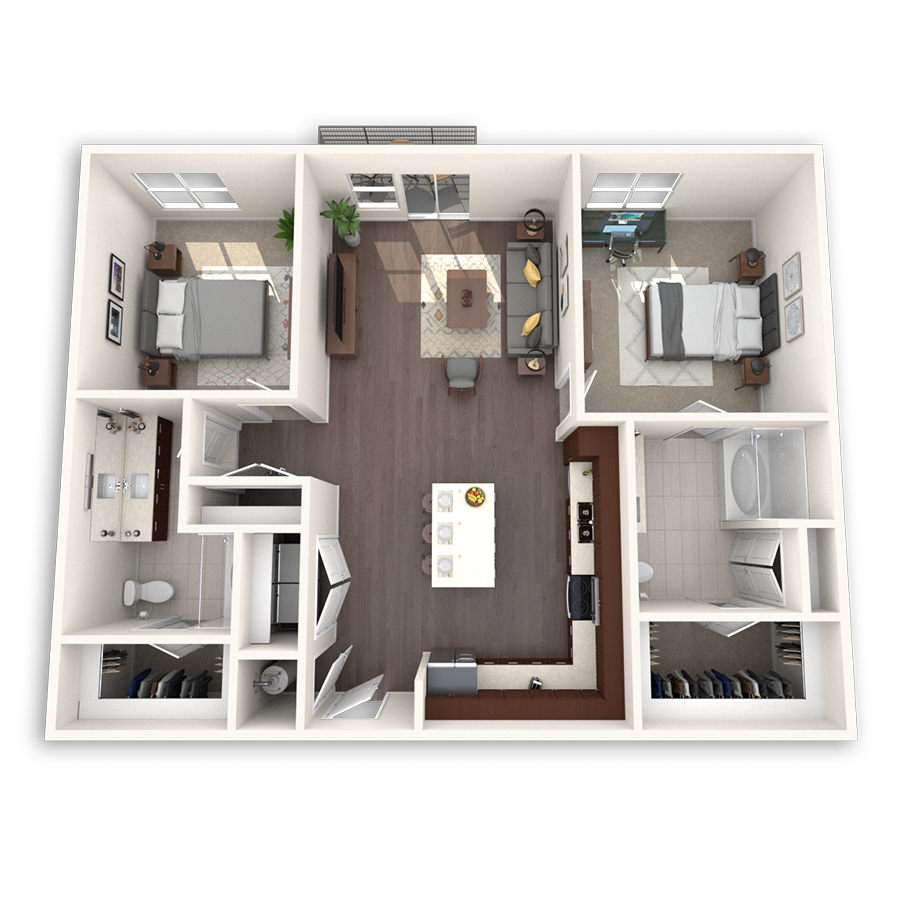 Rendering of the B3 floor plan with 2 bedroom[s] and 2 bathroom[s] at dkriata