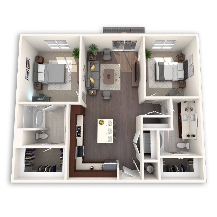 Rendering of the B2 floor plan with 2 bedroom[s] and 2 bathroom[s] at dkriata
