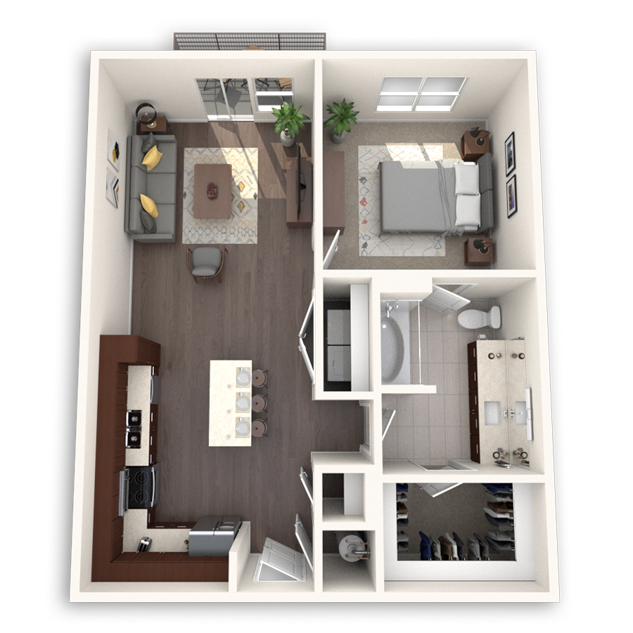 Rendering of the A1 floor plan with 1 bedroom[s] and 1 bathroom[s] at dkriata